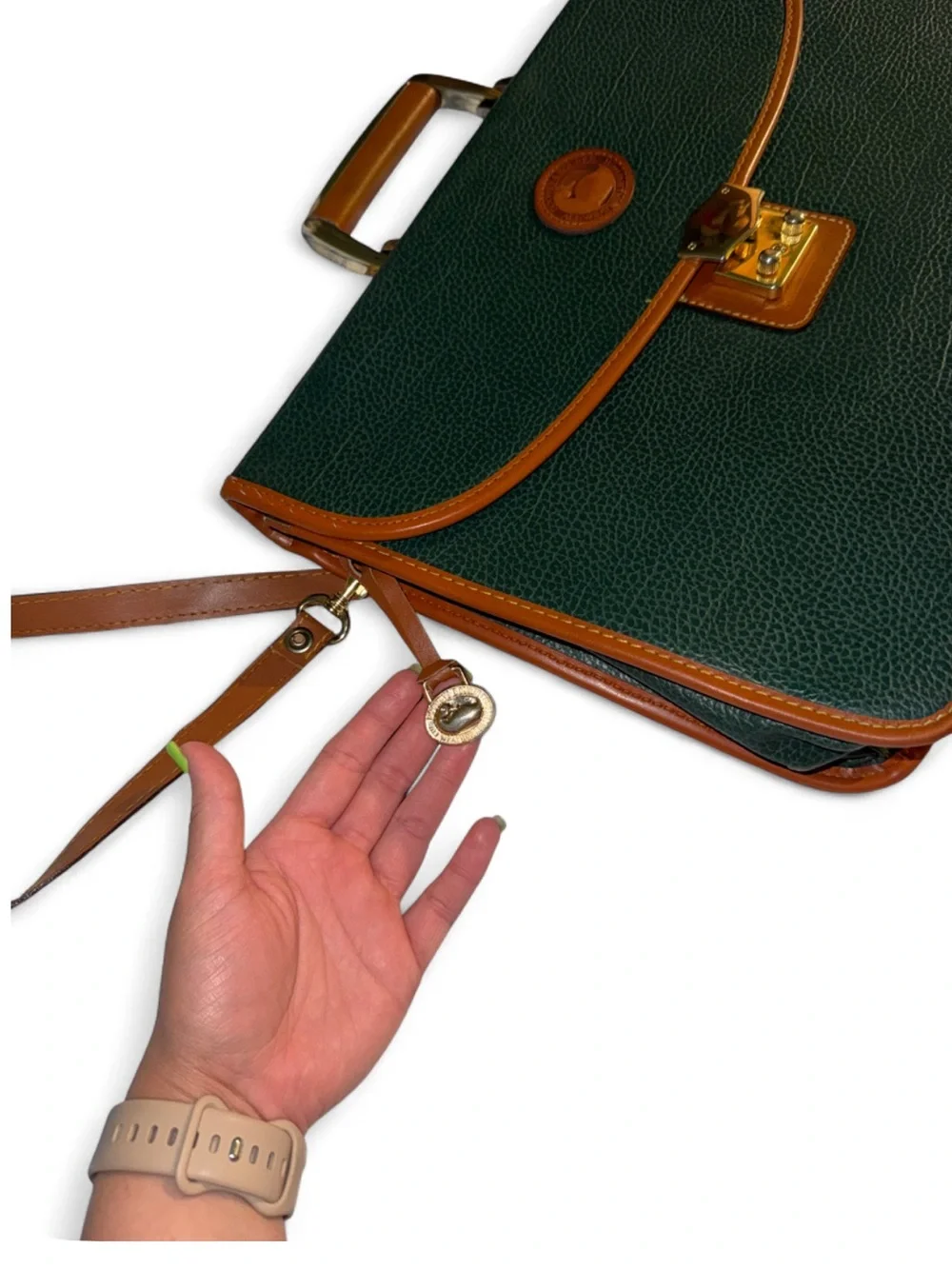 Vintage Dooney and Burke Dark Green Leather Briefcase with Brown Trim